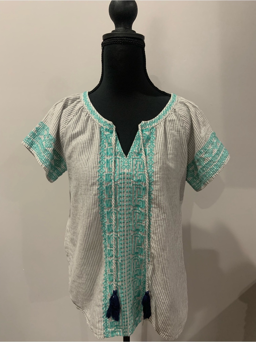 THML White Striped Tunic with Aqua Embroidery and Tassels